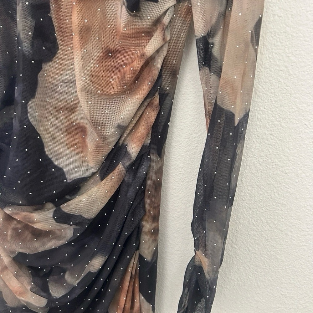 Quiz Gothic Dark Floral Midi Dress NEW Size 10 Ruched Sheer Sparkle Brown Black - Picture 7 of 16